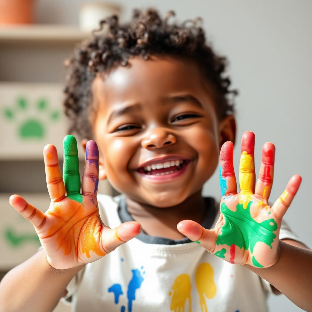 Criança feliz com tinta colorida nas mãos